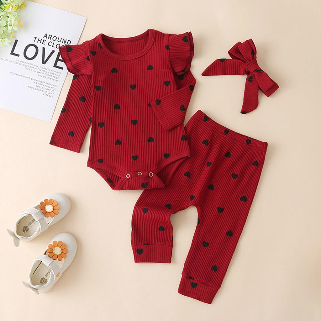 Toddler Kids Baby Girls Heart Print Ruffle Romper+Pants+Headbands Outfits