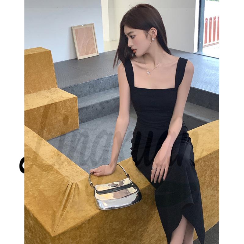 

2026 Spring/Summer French Silhouette Spaghetti Strap Slimming Waist-Cinched Long Dress for Women Large чёрный
