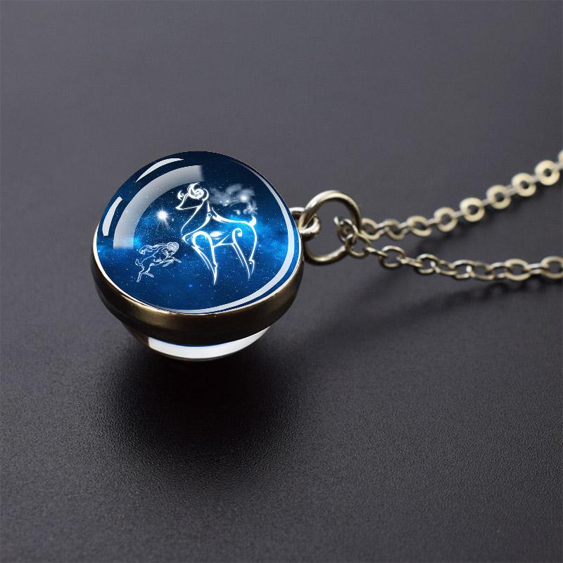 12 Constellations Double Side Glass Ball Silver Plated Necklace Jewelry Pendant Accessories Women Birthday Gift