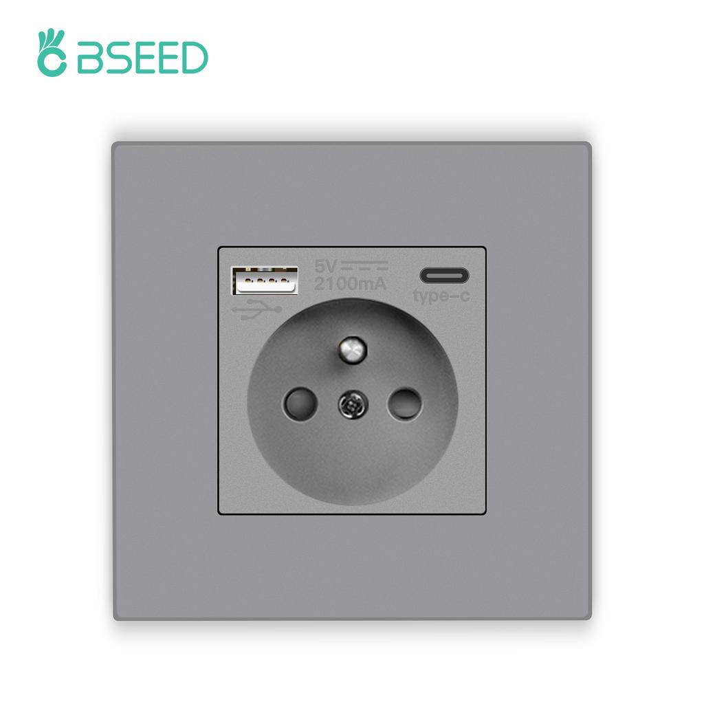 Bseed France Standard Socket With Usb Charging Port and Type c 2.1A 16A Gray PC Panel 86mm*86mm Plastic Flame Wall Socket