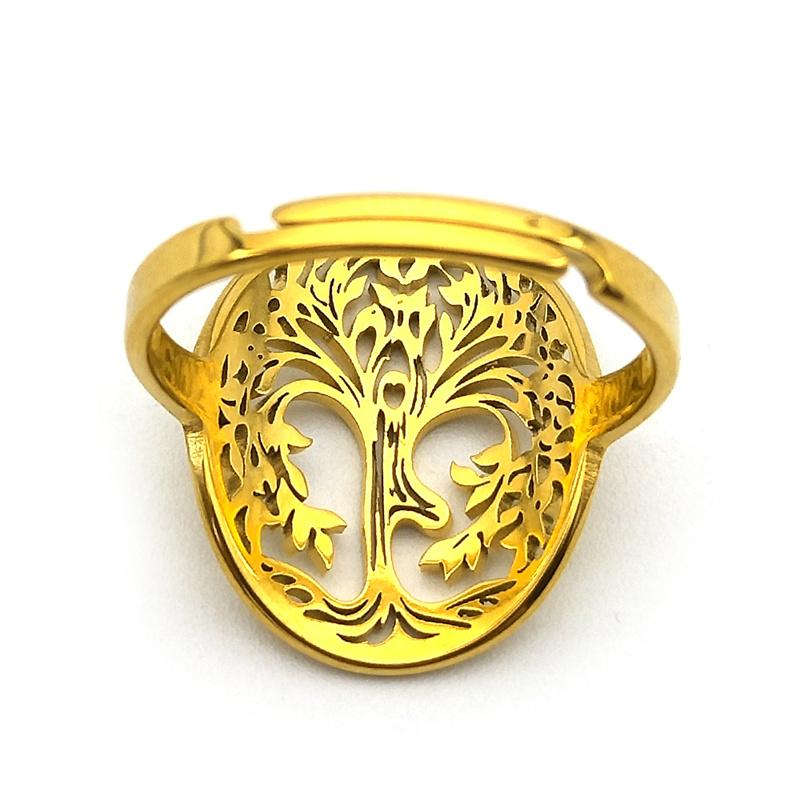 Yoga Healing Tree of Life Ring for Women Men Stainless Steel Gold Color Balance Spiritual Adjustable Rings Jewelry R59S02