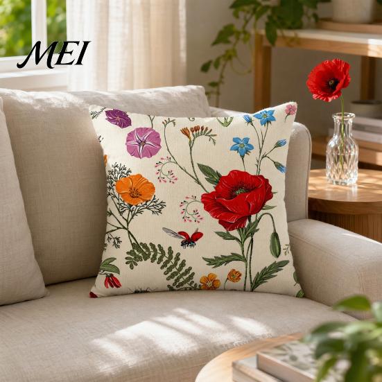 Cotton Linen Pillowcase Floral Cushion Cover, 18x18 Inch Decorative Throw Pillow Cover with Hidden Zipper, Breathable Plant Insect Flower Patterns,
