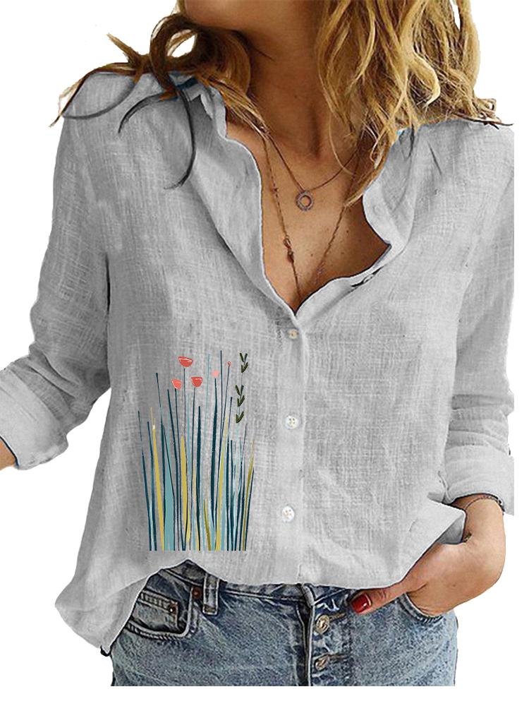 Blusa da Donna in Cotone e Lino alla Moda Primavera&Estate Top Casual Largo Camicia da Donna con Stampa Floreale a Manica Lunga
