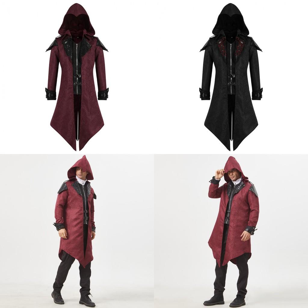 Medieval Retro Unisex Spliced Hooded Jacket For Stage Performances Halloween And