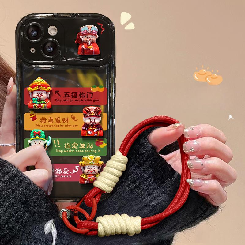 Passend für Apple 15 Handyhülle IPhone 14 Promax Neujahr Gott des Reichtums Puppe Lanyard 13 Klappspiegel 12