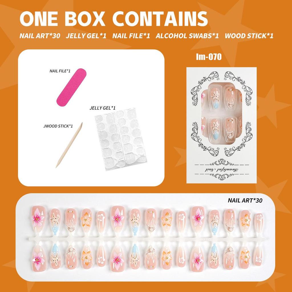 30-Piece Summer Style 3D Shell Press-on Nails, Medium-Long Almond Shape