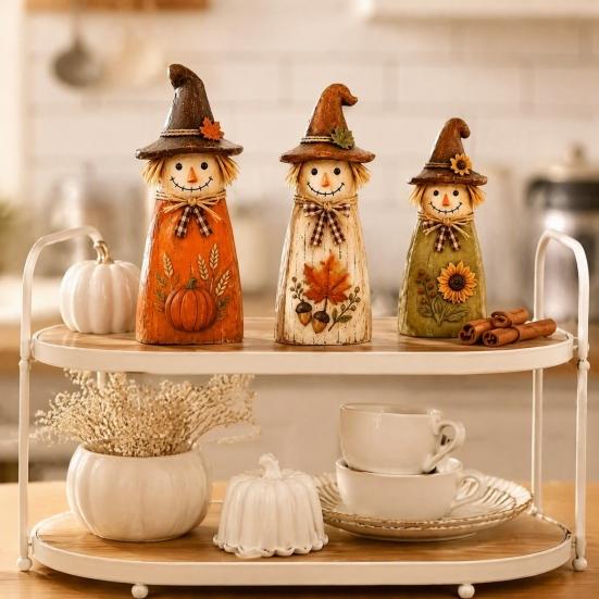 Unique Holiday Housewarming Gifts Vintage Resin Scarecrow Figurines, Fall Harvest Pumpkin Sunflower Maple Indoor Season Party Supplies Leaf