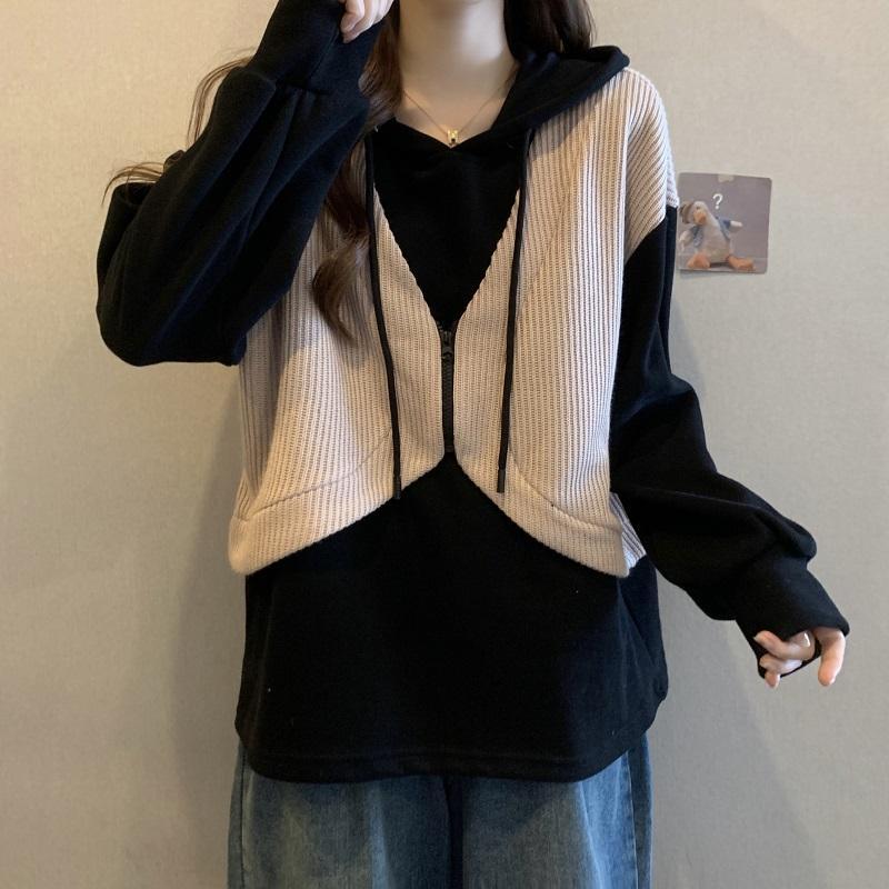 New Style Autumn and Winter Women's Contrasting Color Hooded Long Sleeve Fake Two Pieces Oversized Fashionable Casual Tops