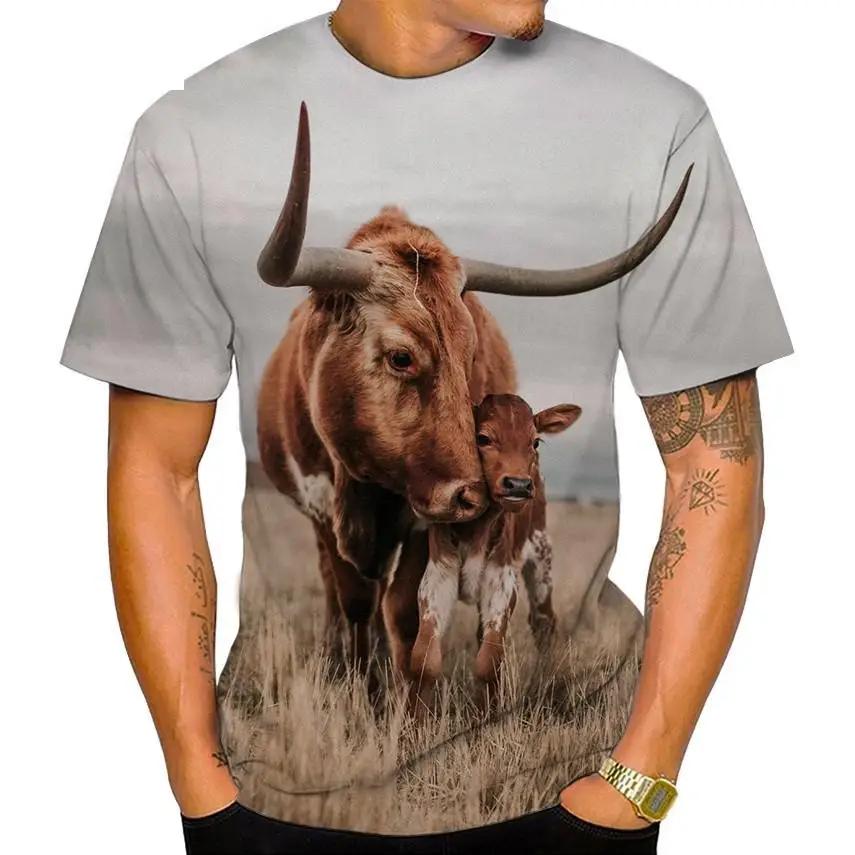 Summer Round Neck 3D Cow Pattern Print Top Fashionable Casual Short Sleeved Men's T-shirts