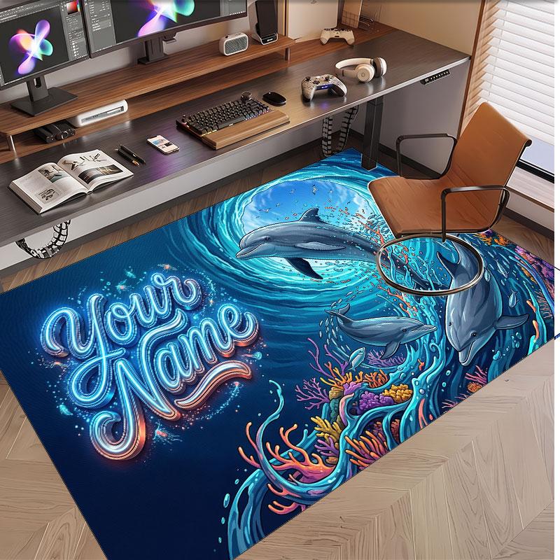 Fish Ocean Theme Soft Crystal Velvet Rug Custom Name & Text Print Non Slip Floor Rug for Bedroom Living Room