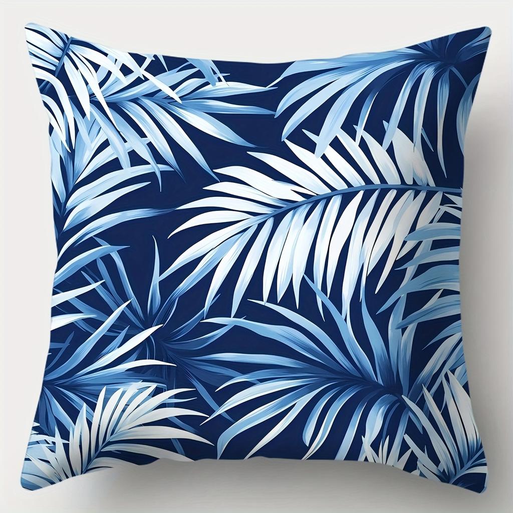 4-teiliges Set, Sofakissenbezug, Kissenbezug mit blauem Blattmuster, 45 cm * 45 cm, Einseitiger Druck, Heimdekoration, Lendenkissen für Sofa