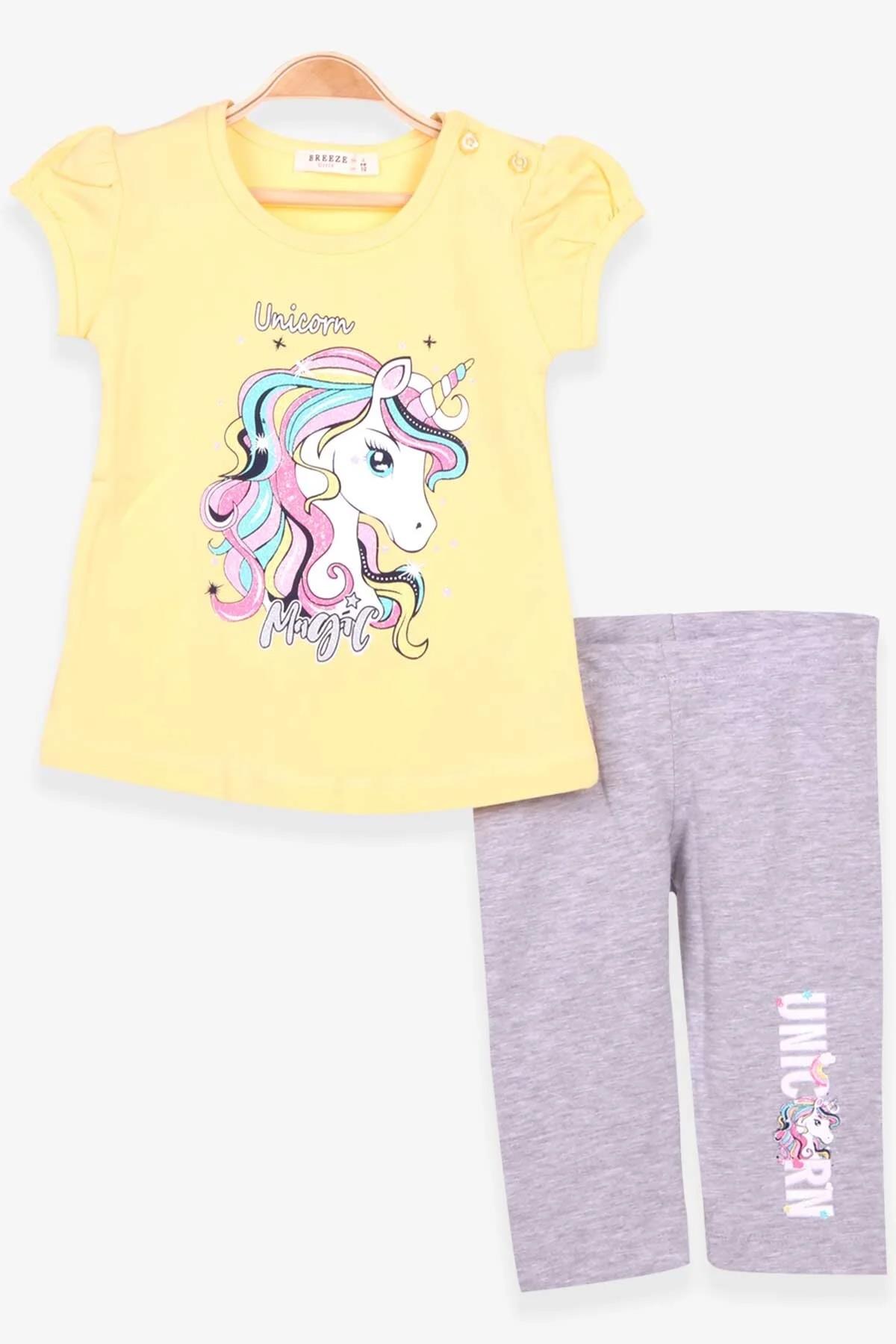 

Комплект желтых колготок с круглым вырезом и коротким рукавом с принтом единорога для девочек