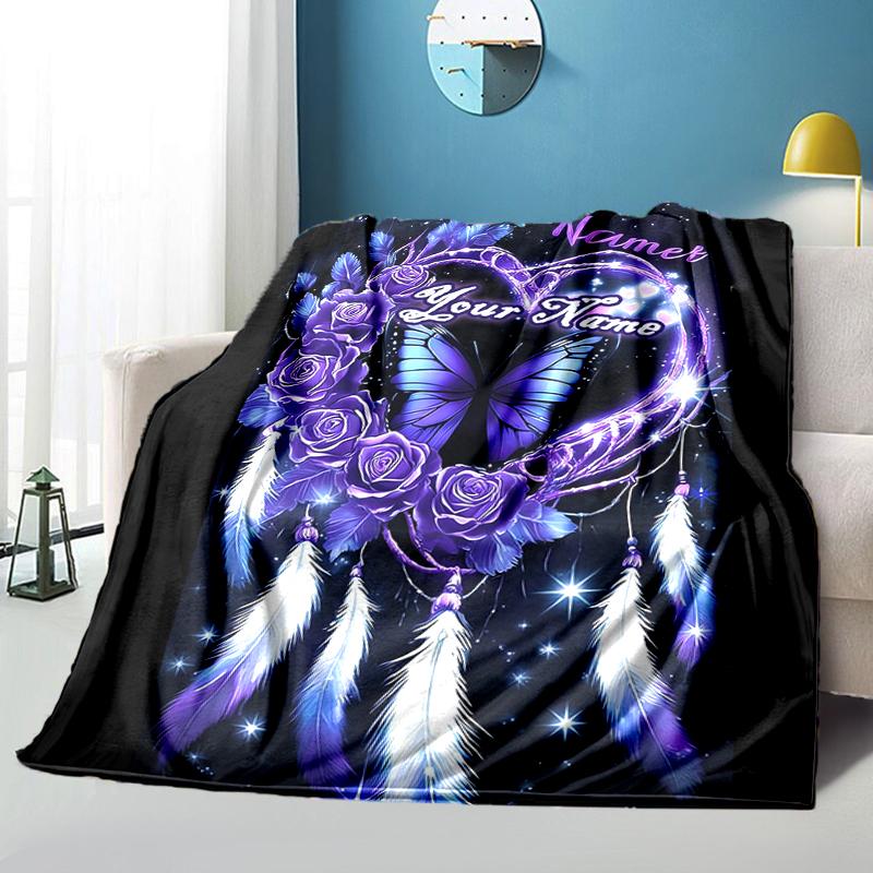 1PC Custom Name Purple Heart Dreamcatcher flannel blanket versatile,all-season throw suitable for the living room,bedroom,camping,travel,and gift