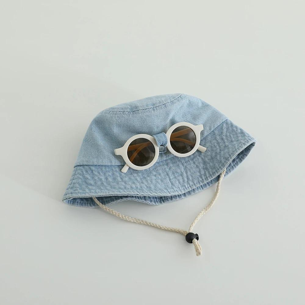 Solid Color Baby Hat With Sunglasses Spring Denim Bucket Hat Fisherman Hats For Kids 1-4 Year