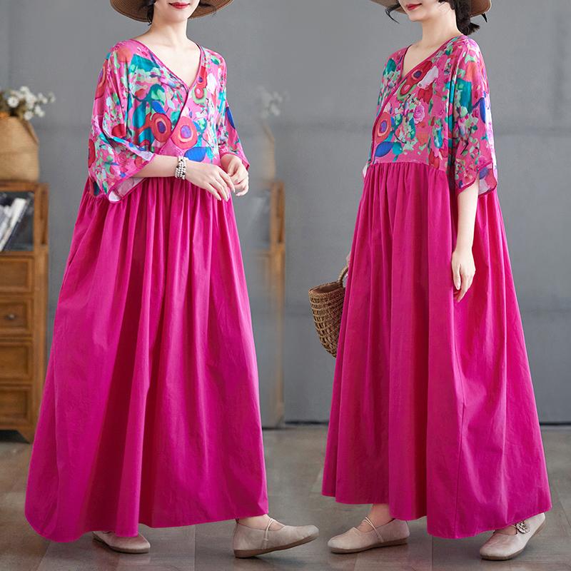 Dimanaf 2025 Women Plus Size Summer Dress Basic Vintage Long Floral Pleated Dress Loose Casual Printing Maxi