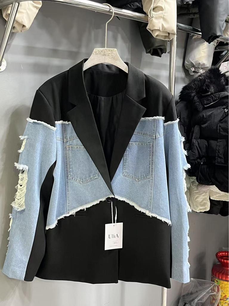 Korean Style Women's Denim Patchwork Cuffed Ripped Suit