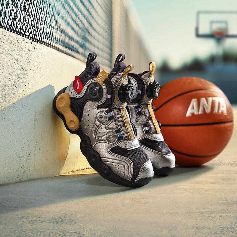 Anta Kids Asymmetrical Synthetic Leather Trendy Lightweight Shock Absorbing Mid-Top Basketball Shoes Kids basketball shoes Gray Silver A12449901-2