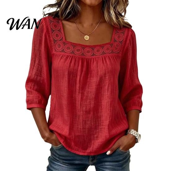 Skin-friendly Fabric Shirt Women Square Collar 3/4 Sleeve Pure Color Casual Loose Fit Tops Blouse Lace Splicing Summer Breathable
