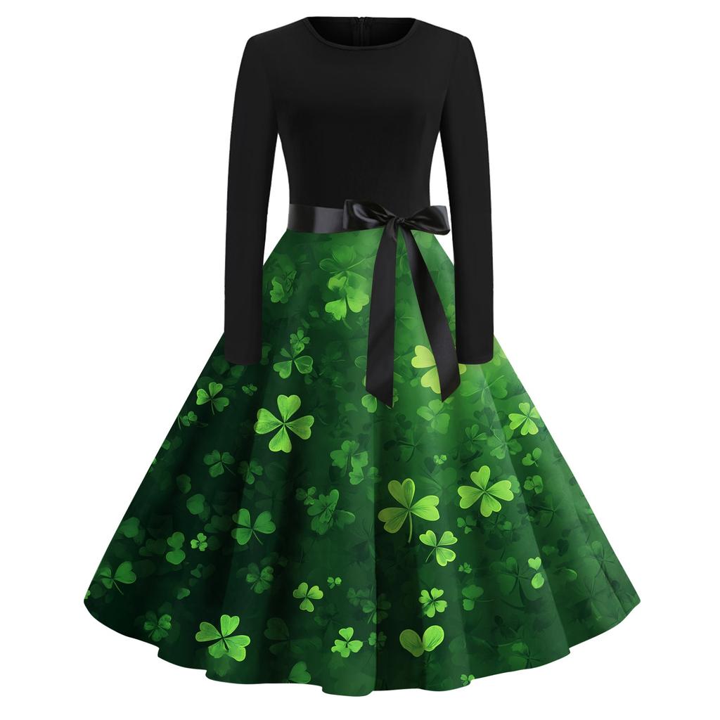 Women's Printed Round Neck Big Hem  Skirt Pleated Skirt Long Sleeved Dress Dress