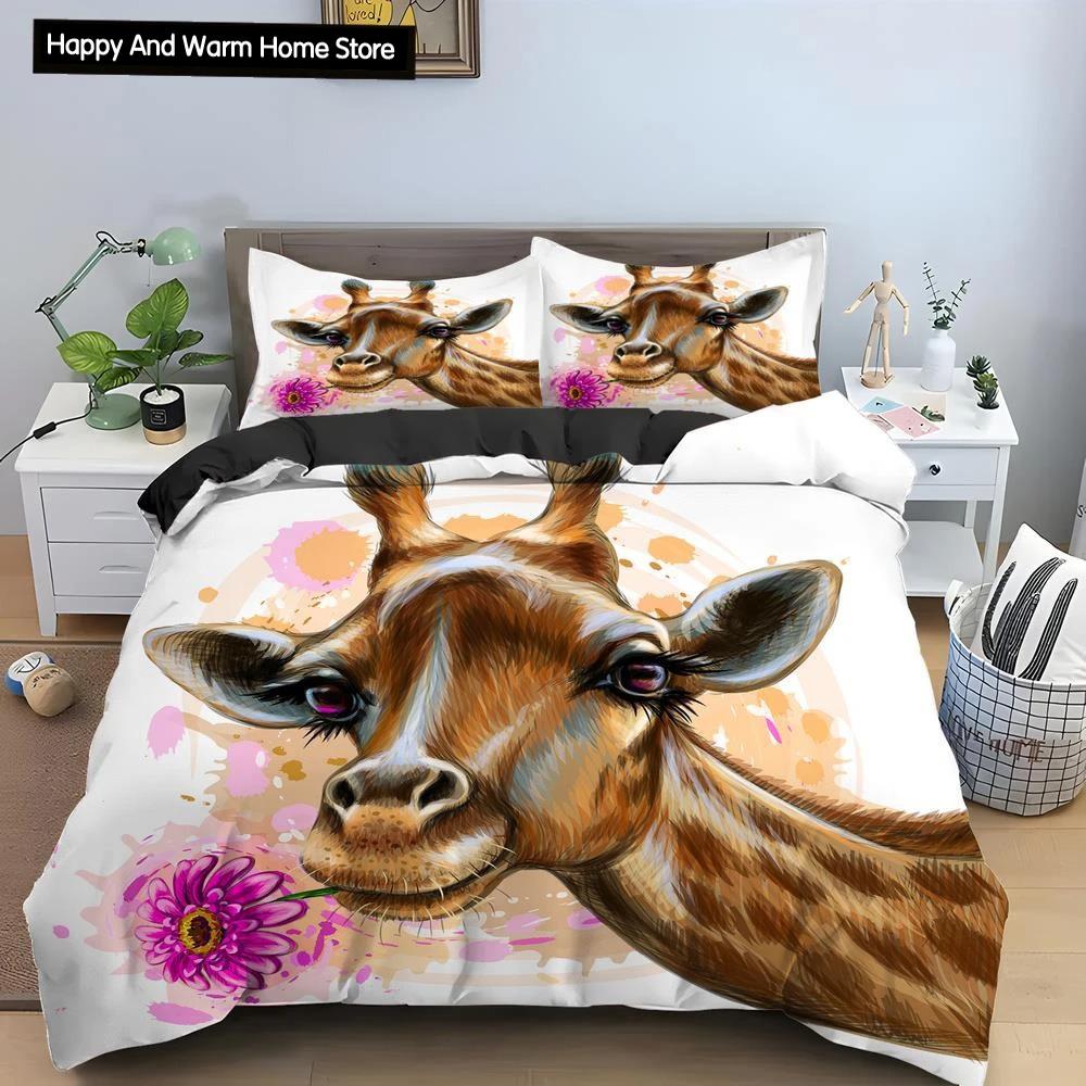 Cartoon Giraffe König Königin Bettbezug Jungen Mädchen Tier Bettwäsche Set Wildtiere Deckenbezug Polyester Bettdecke