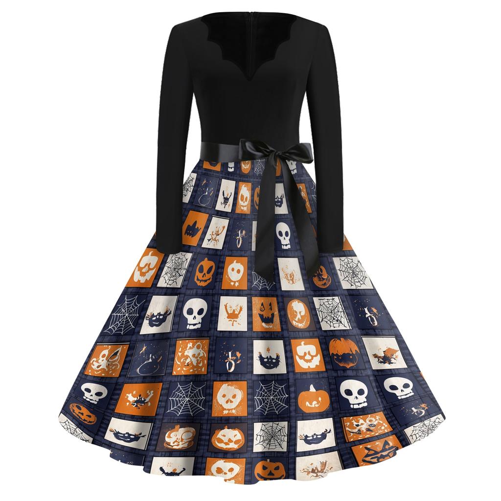 Womens Halloween Printed Size Dress Crew Neck Long Sleeve Vintage Swing Dress with Belt Pocket Free Design