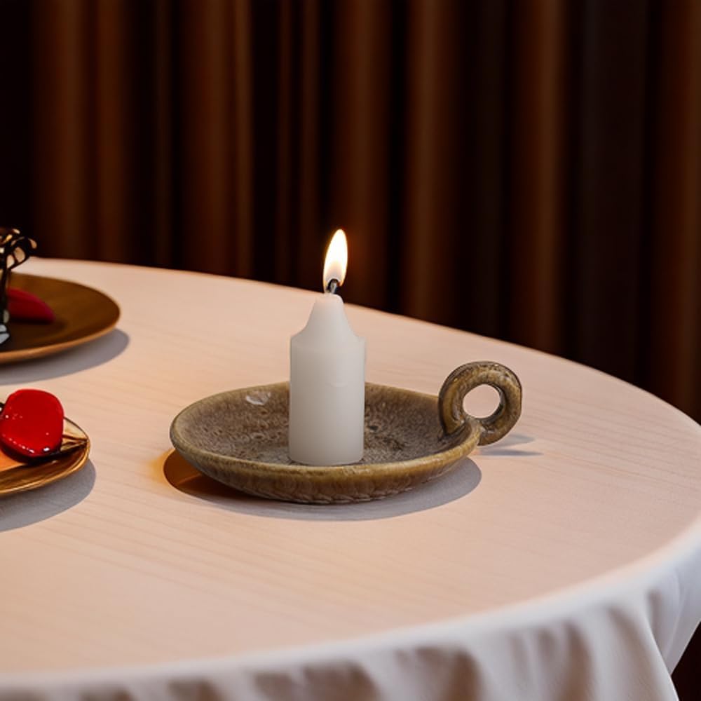 1pack Vintage Ceramic Candle Holders with Handle, Round Farmhouse Ceramic Plate Tray,Sage Holder for Burning,Incense Holder for Meditation Room Home