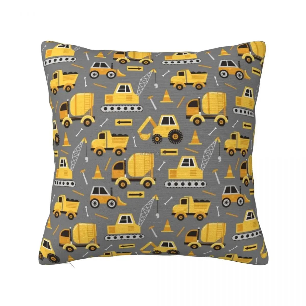 Construction Trucks on Gray Pillowcase Printing Polyester Cushion Cover Gift Cartoon Ecavator Anime Throw Pillow Case  InBrown, 30x30cm