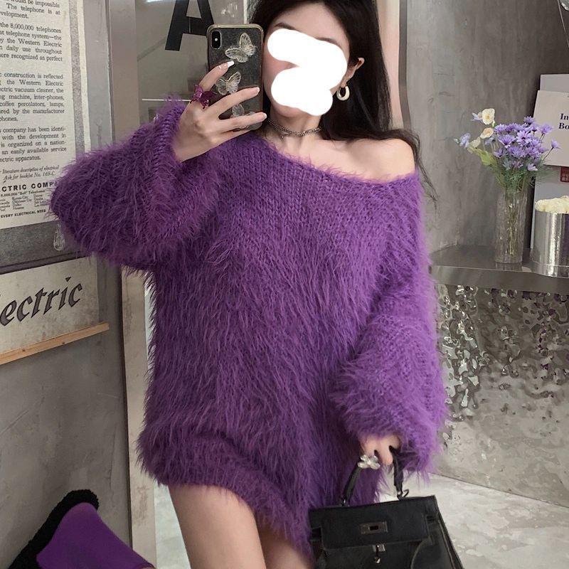 Dámský pletený svetr se svetrem s lodním límcem a volným svetrem z umělého norkového sametu