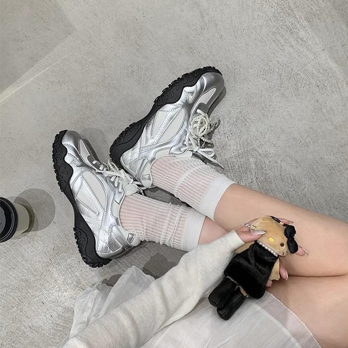Yuanlitong platform sneakers 2025 spring new color matching soft-soled dad shoes women's silver breathable soft leather women's shoes
