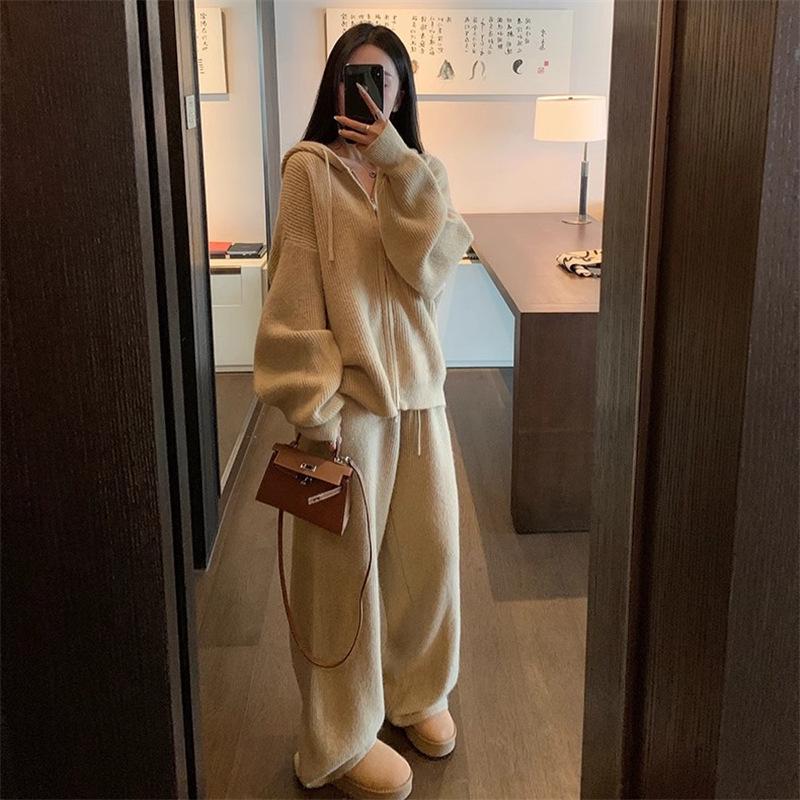 Autumn European Lazy Style Zippered Hooded Cardigan Sweater Set for Women
