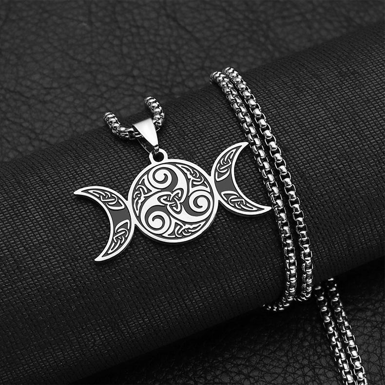 Titanium Steel Gold Double Moon Pendant Necklace for Men and Women