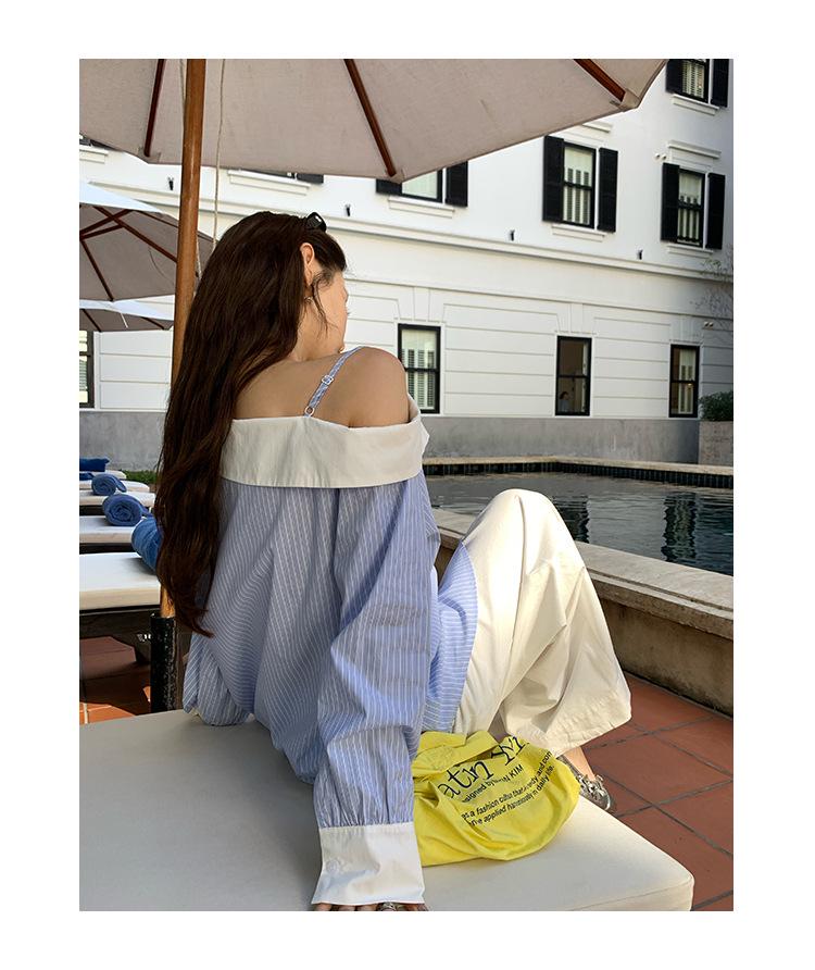 Thirteen Lines Spring 2025 French Style Off-Shoulder Striped Shirt for Women C3056