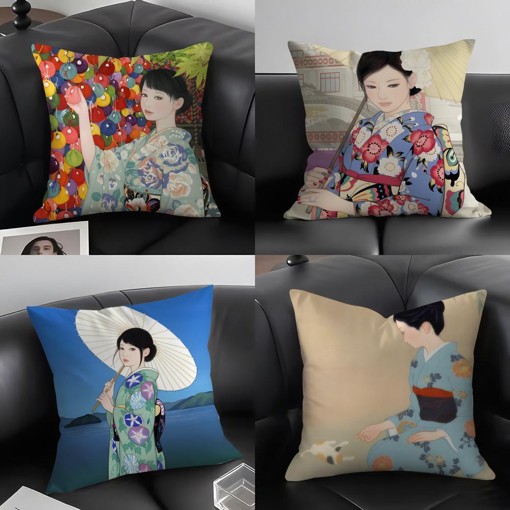 Kimono Girl Japanese Style Cushion Cover Pillowcase Ultra Soft Skin Friendly Fabric Cloud Like Comfort Concealed Zipper