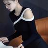 2025 Women's Korean Black Contrast Off-Shoulder Knit Top - Stylish and Unique Early Autumn Design
