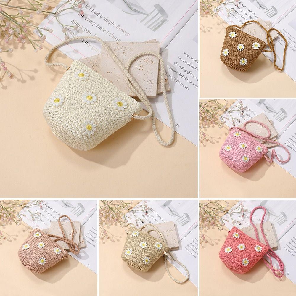 Fashion Small Daisy Kids Straw Bag Shell Shape Woven Shoulder Bag Handmade Handbag for Children Girls