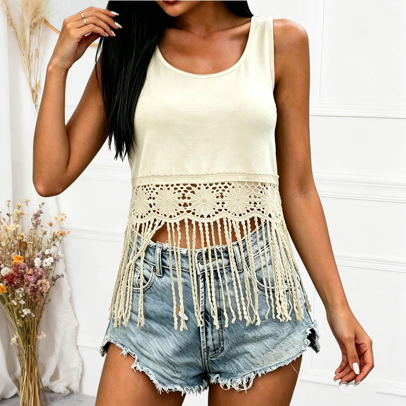 

Women s Sleeveless Lace Fringe Tank Top Casual Summer Blouse Lightweight Breathable Crochet Hem Tunic Shirt for Outdoor Wear L бежевий