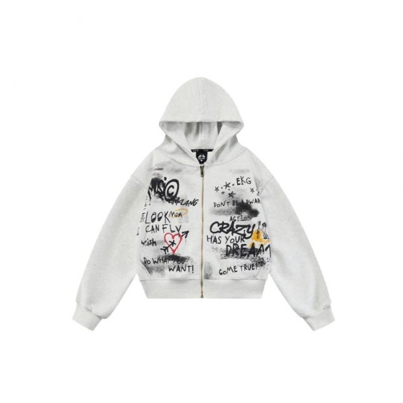 Y2K Millennium Style 3D Print Cropped Hooded Zip Up Sweatshirt Retro Distressed Gray Slim Fit Casual Top Young Adults