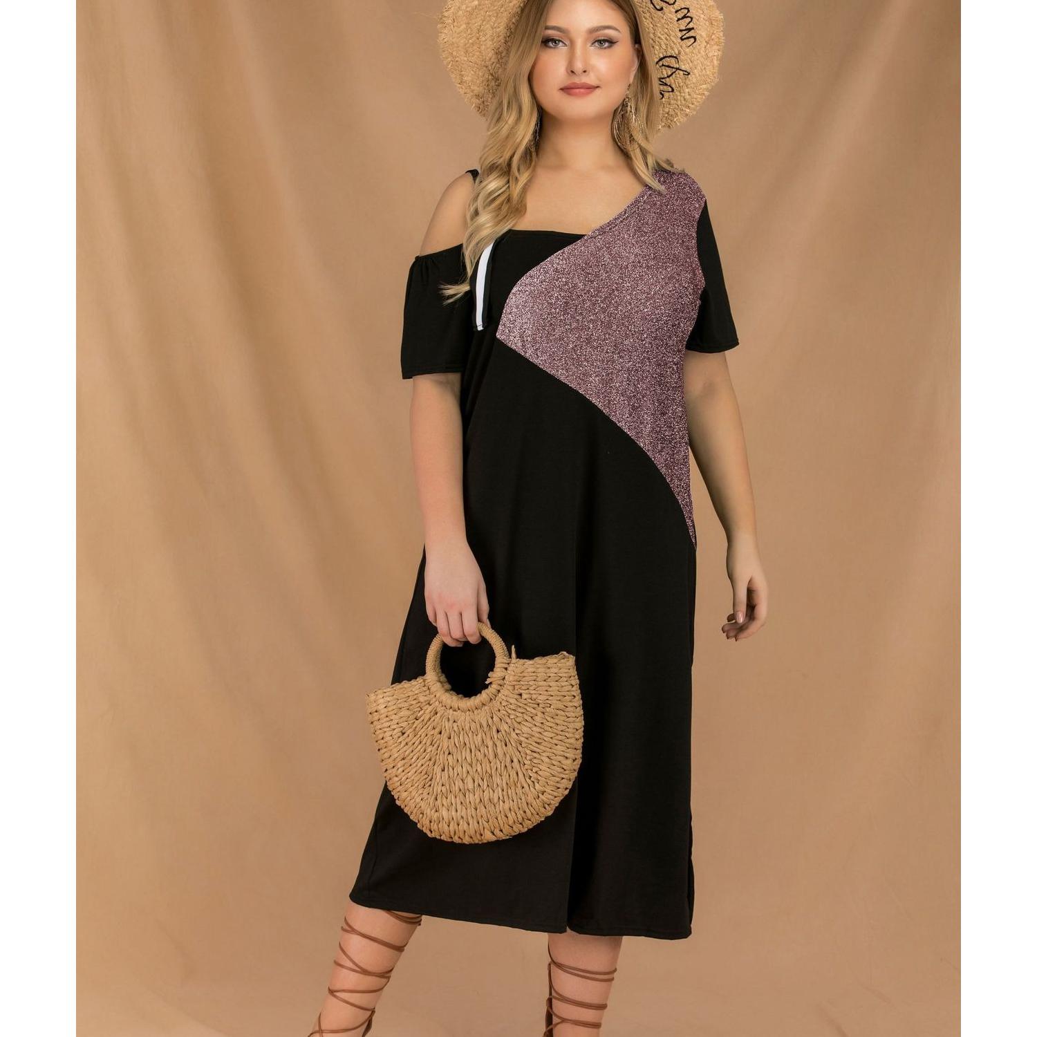 Лоскутное платье с вырезом на плечах для женщин — фото 3