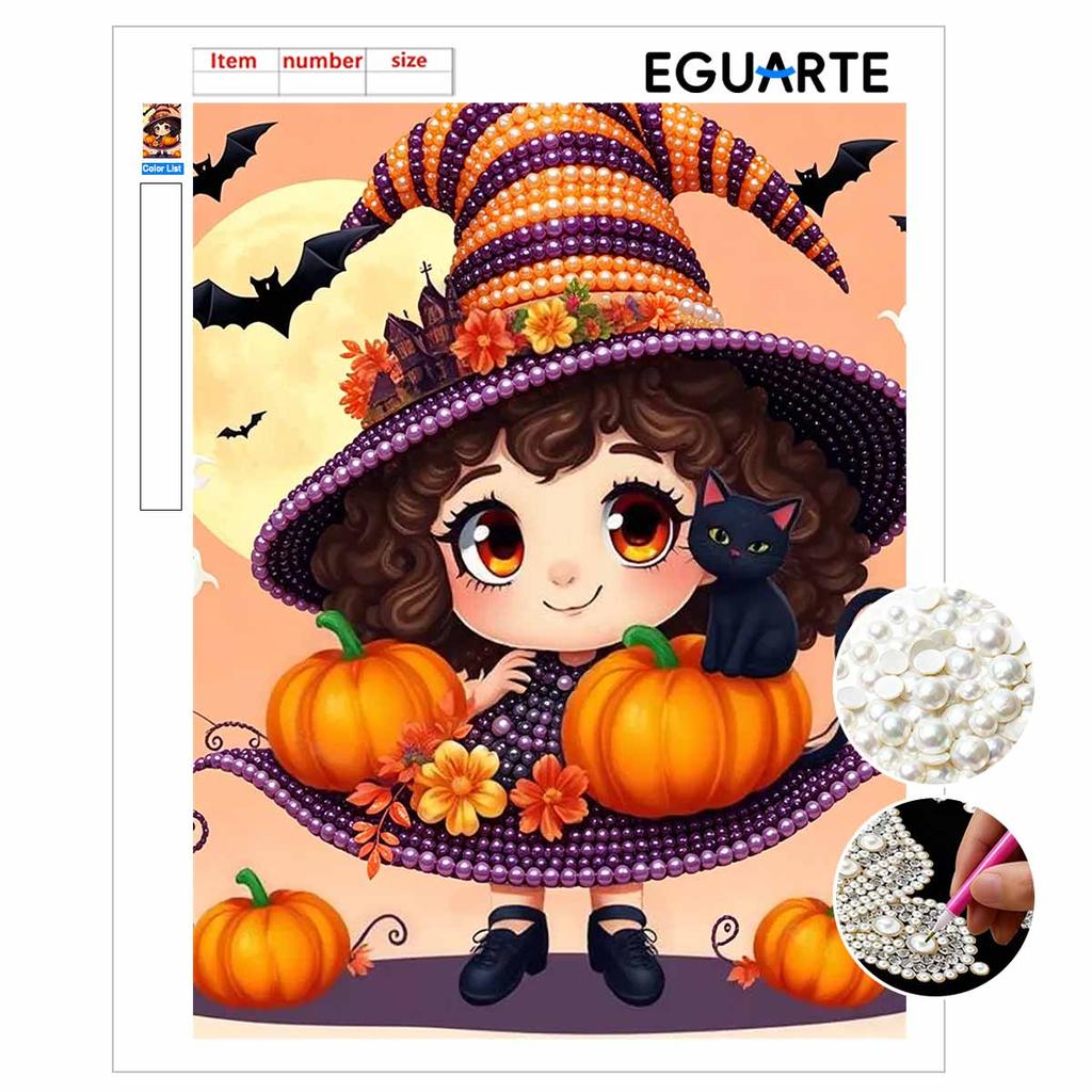 Pearl Painting DIY Kit Frameless Halloween Witch Pumpkin Cat Pattern Shiny Bead Art Canvas Creative Wall Decor Gift Craft Home Art
