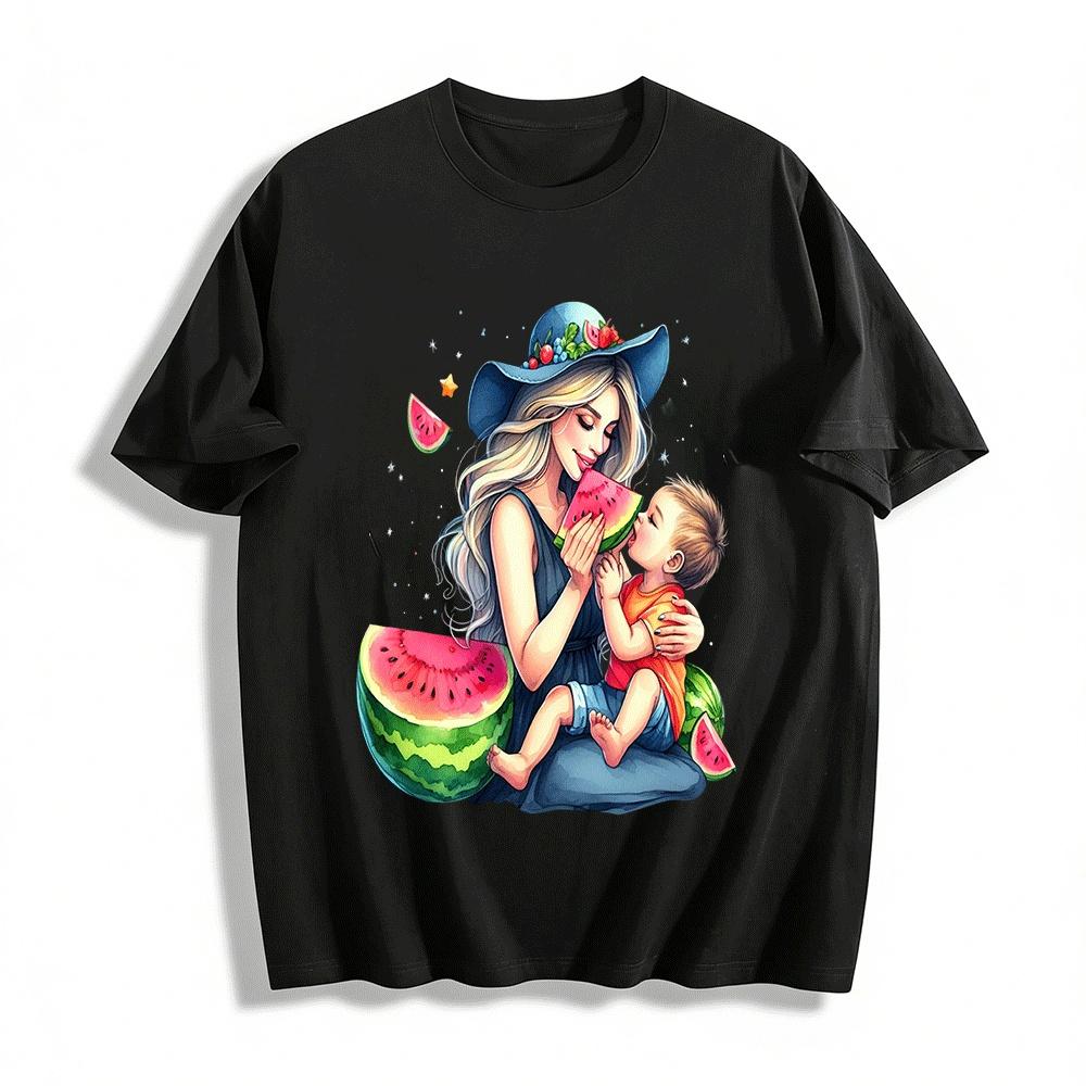 Mother Child Watermelon Sharing Time Print Casual T-Shirt Pure cotton T-shirt XXS
