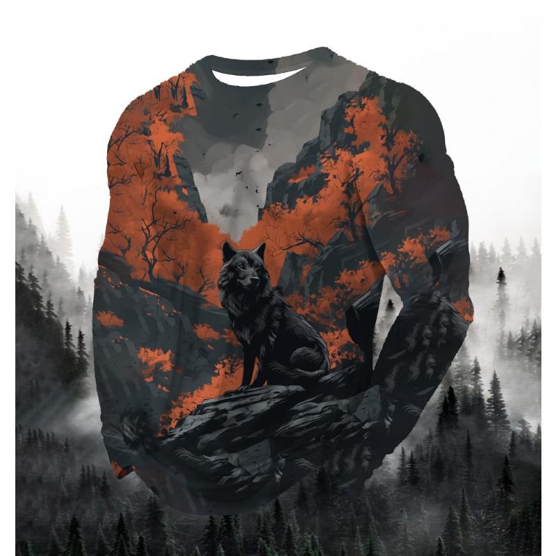 2024 Men's Fashion Print Round Neck Long Sleeve Party Autumn Sports Casual Pullover Men 3d Lonely Wolf Blue Print Tops