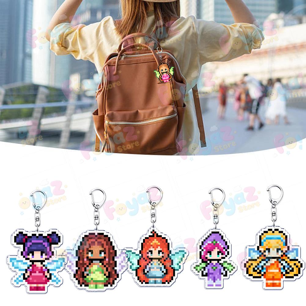 Cartoon Pixel Fairy Keychains for Accessories Bag Charm Stella Musa Tecna Magical Girl Fairies Keyrings Jewelry Friends Gifts