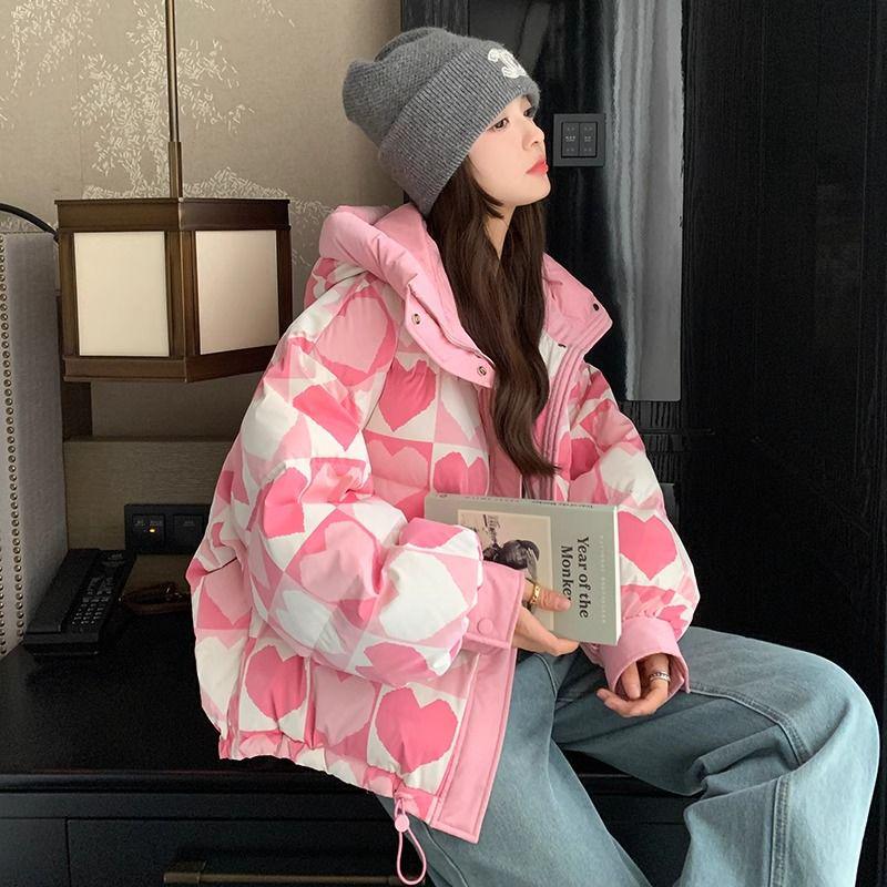 

Pink Heart Print Women s Winter Down Jacket - Petite Short Style with Chenille and Spandex M for 105-125 jin