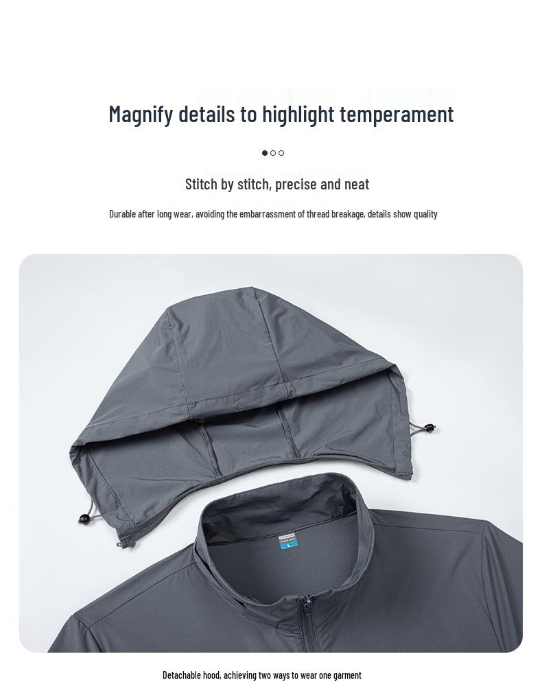 Męska kurtka chroniąca przed słońcem z lodowego jedwabiu z odpinanym kapturem - Luźna, lekka, plus size płaszcz przeciwsłoneczny