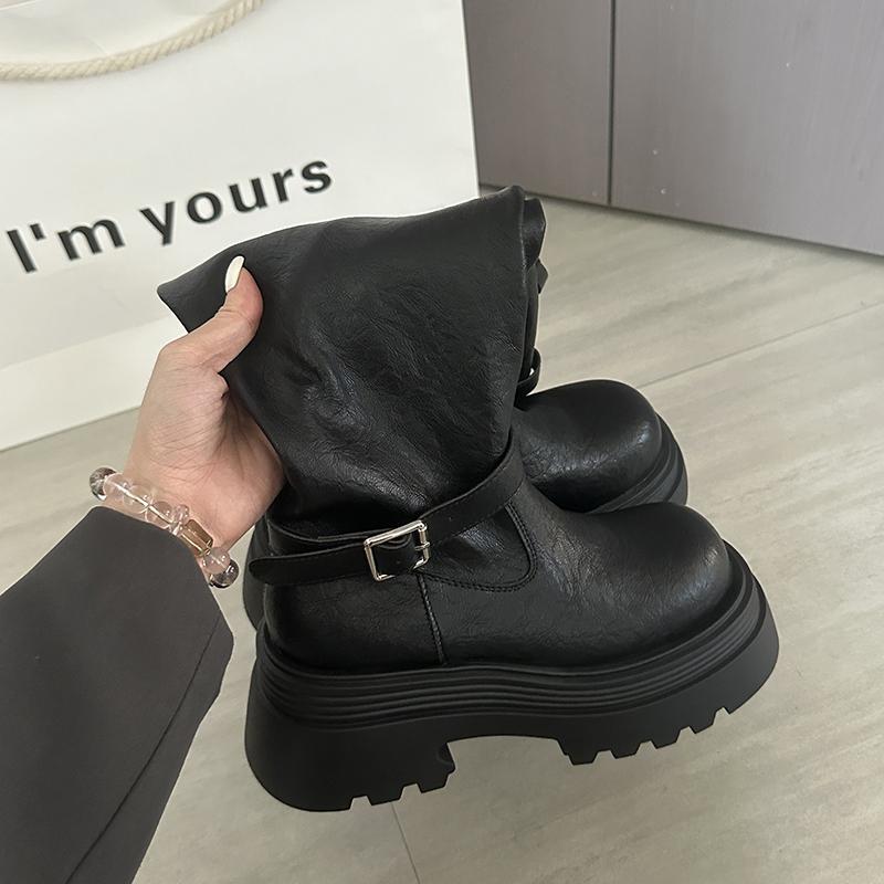 Autumn Winter Belt Buckle Women Knee High Boots Fashion Thick Heels Punk Style Knight Long Booties  De Mujer