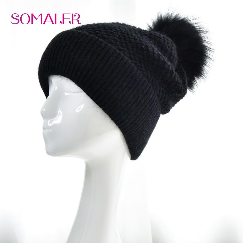 

SOMALER Толстая вязка зимняя шапка с помпоном из натурального меха для женщин, теплая флисовая подкладка с манжетами, женская зимняя шапка чёрный