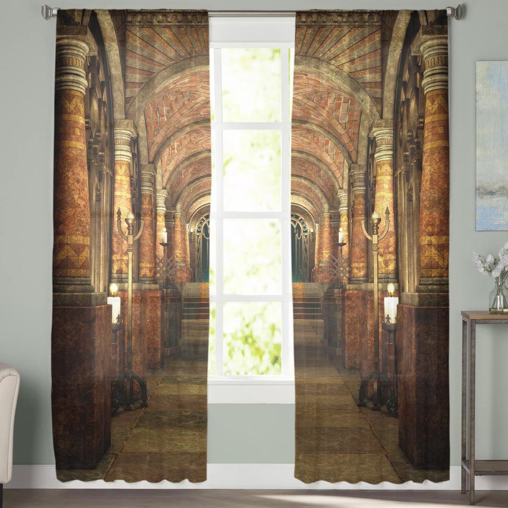 Corridor Palace Ancient Building Chiffon Sheer Curtains for Living Room Bedroom Home Decor Window Voile Tulle Curtain Drapes