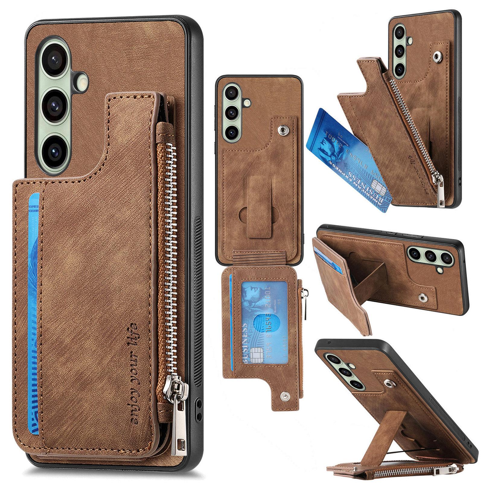 

For Samsung Galaxy S24 FE Case Zipper Card Holder Kickstand Leather + PC + TPU Phone Cover C