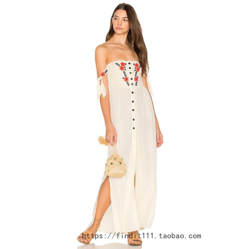 

Vacation Style New European and American Fashion Women s Wear Bohemia Embroider Flower off-Neck off-the-Shoulder Split Long Dress White M
