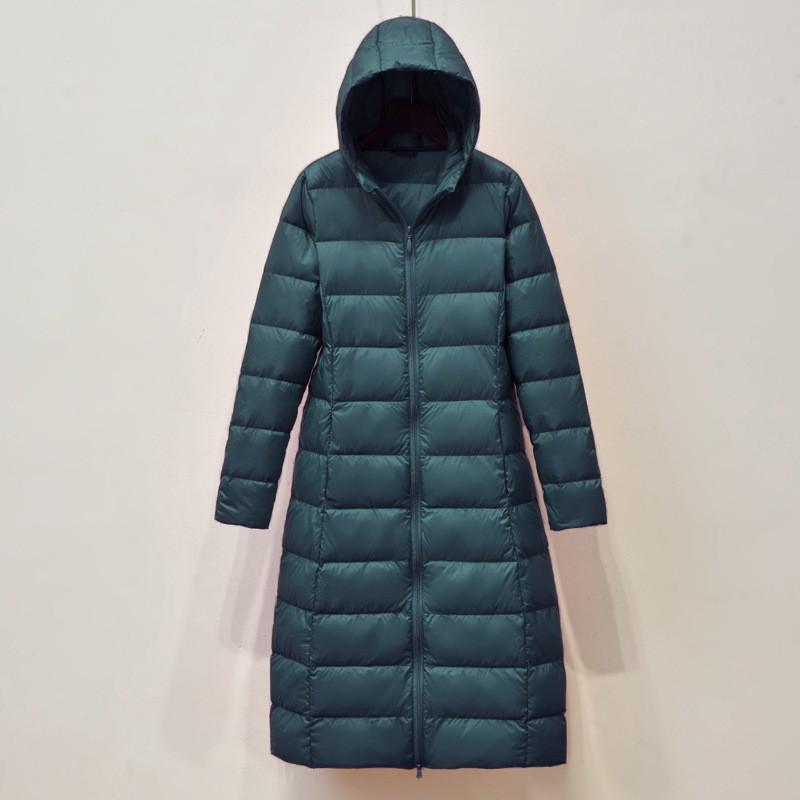 Womens Lightweight Long Down Coat With Hood Slim Fit Knee-Length Duck Jacket Winter